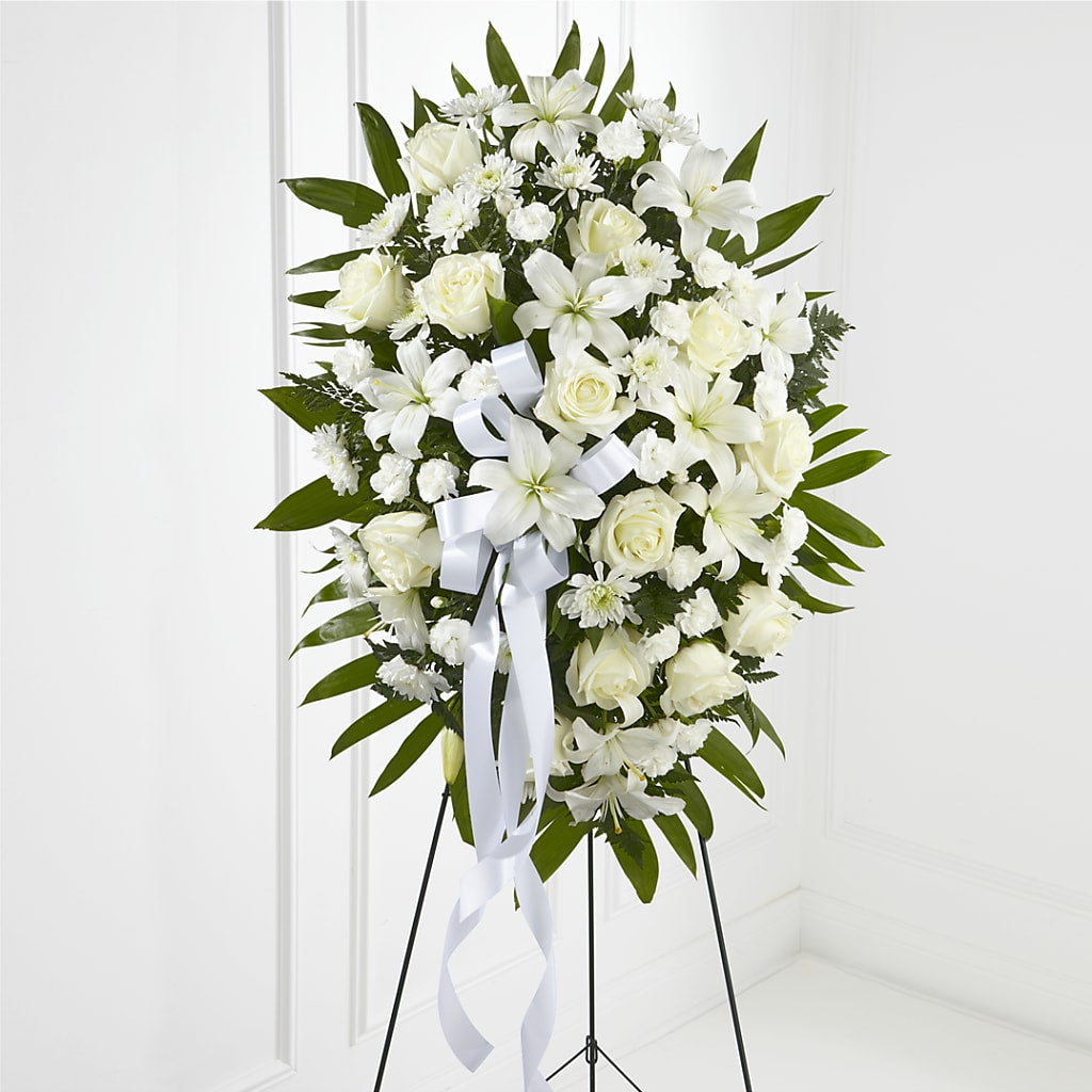 Exquisite Tribute Standing Spray-White Ribbon – Alachua Flowers, Alachua FL